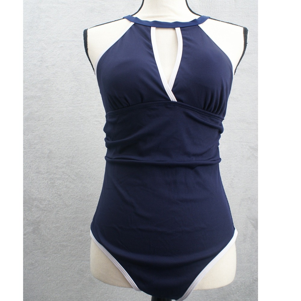Navy Ribbed Halter One Piece Swimsuit‎ White Trim Keyhole Cutout Women Medium